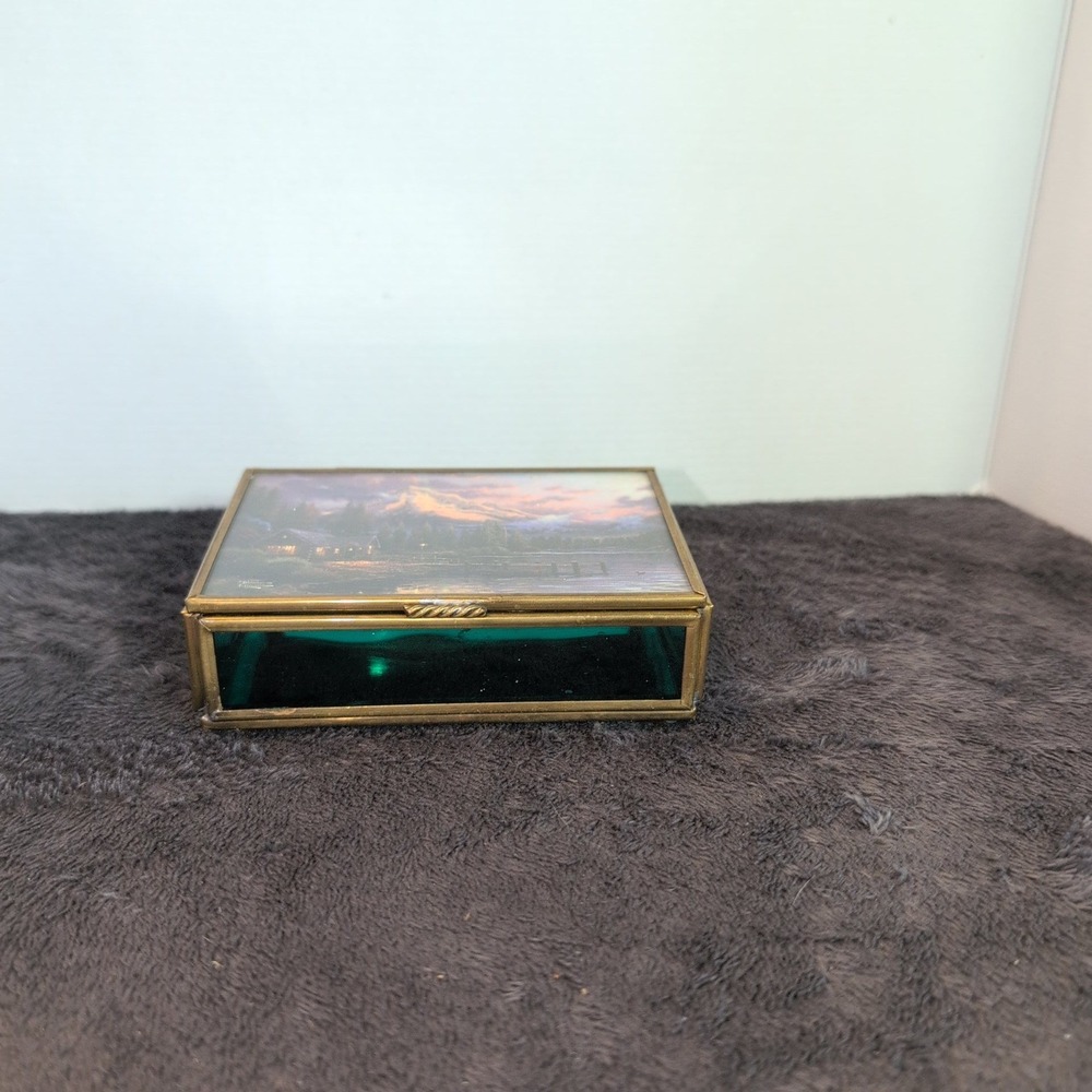 Thomas Kinkade Vintage Brass Green Glass Trinket Jewelry Box Mountain Landscape